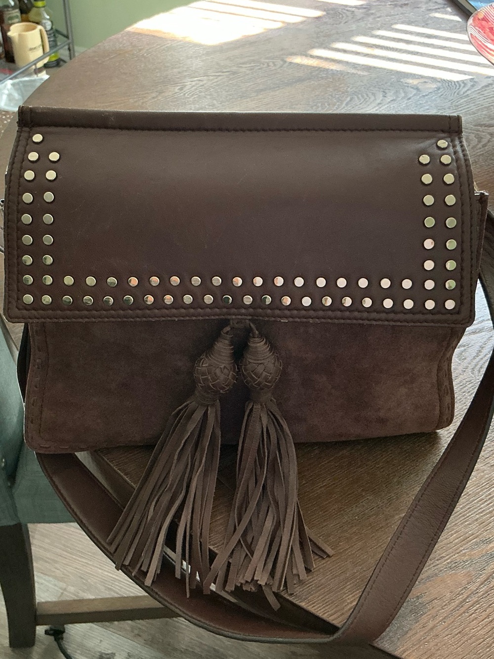 Leather and Suede Tassel Shoulder Bag